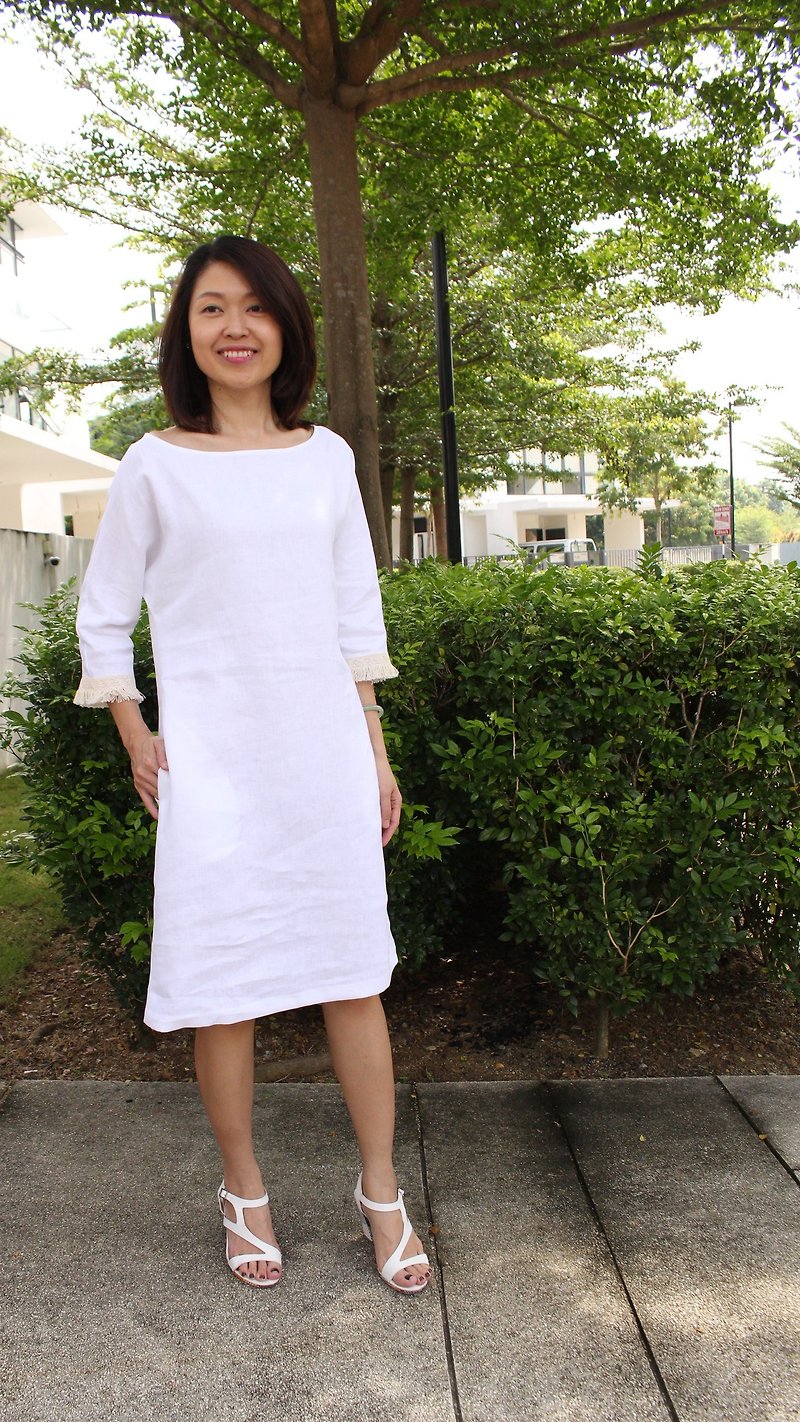 Linen Dress /Boat Neckline Linen Dress /Laced Sleeve Detail /3/4 Sleeved EP-D645 - 洋装/连衣裙 - 亚麻 