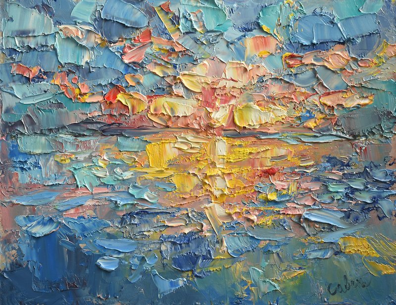 Sunset Painting Seascape Original Impressionism Impasto Artwork Marine Coastal - 海报/装饰画/版画 - 木头 多色