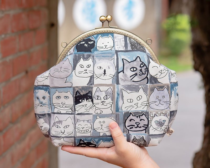 【猫咪肖像画】复古金属口金包-大款#随身包#礼物#可爱 - 侧背包/斜挎包 - 棉．麻 灰色