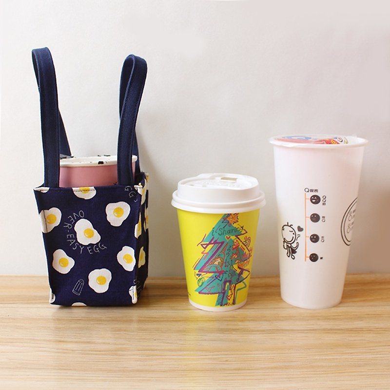 荷包蛋图案饮料提袋(一般款) 环保杯袋 咖啡杯袋 - 随行杯提袋/水壶袋 - 棉．麻 蓝色