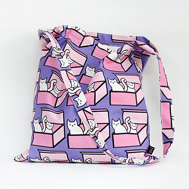 纸箱猫咪 侧背 环保袋 帆布包 大收纳 - 侧背包/斜挎包 - 棉．麻 紫色