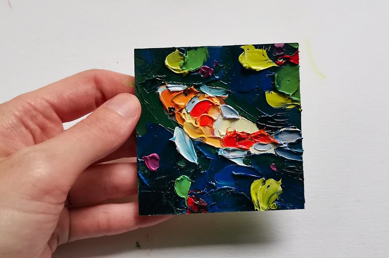 Koi Fish Painting  油畫原作 Feng Shui 手工油畫 Original Art 油畫 Small Impasto by Verafe - 海报/装饰画/版画 - 压克力 橘色
