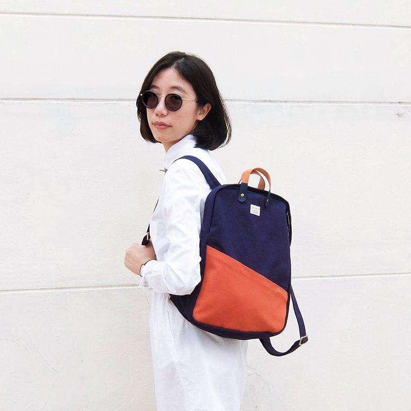 Navy brick girl backpack : 3 ways bag : backpack, sling bag, handbag - 后背包/双肩包 - 棉．麻 橘色