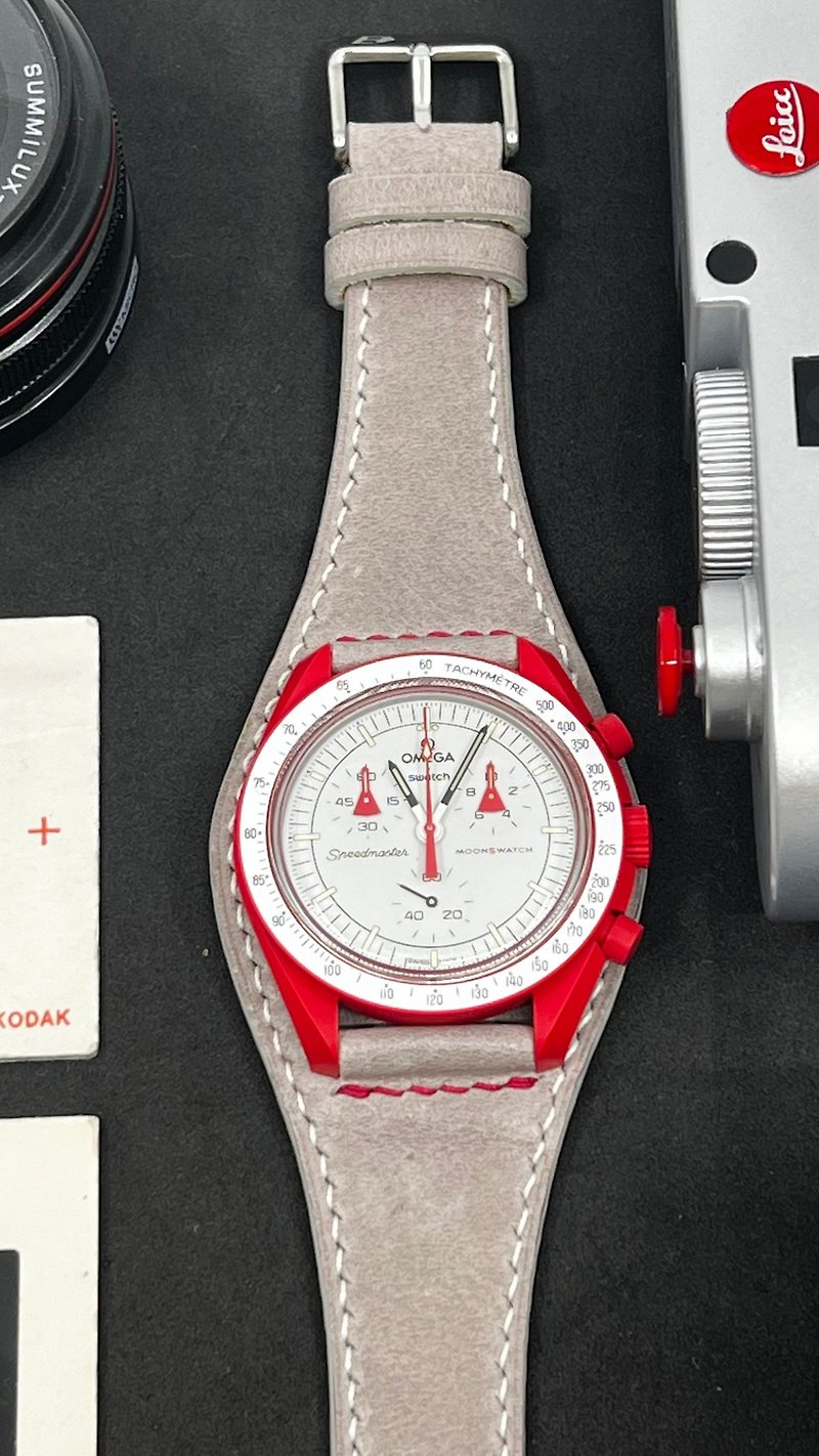 手工皮革表带 代用 专用表带 swatch x omega moonswatch 20mm - 表带 - 真皮 灰色