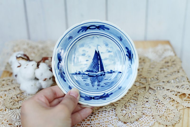 【好日恋物】荷兰vintage手绘陶瓷经典帆船点心盘.壁挂 - 盘子/餐盘/盘架 - 陶 蓝色