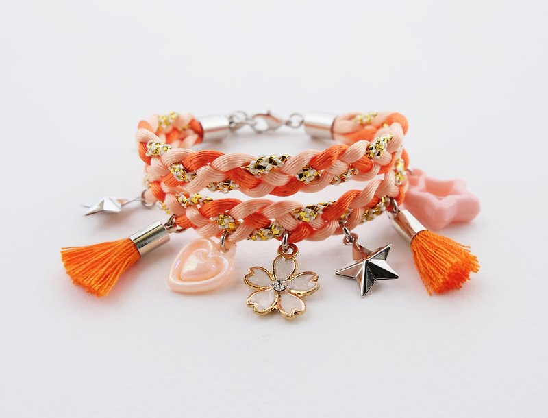 Orange double-layer braided bracelet with charms - 手链/手环 - 其他材质 橘色