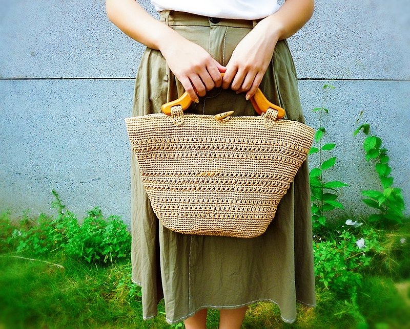 拉菲草手鈎皮革底 木头提把编织包 拉菲草包 - 手提包/手提袋 - 植物．花 橘色