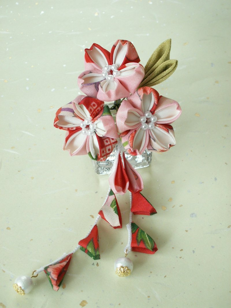 つまみ細工　古布で作った桜のかんざし 柄桃　お花見にぴったり - 发饰 - 其他材质 粉红色