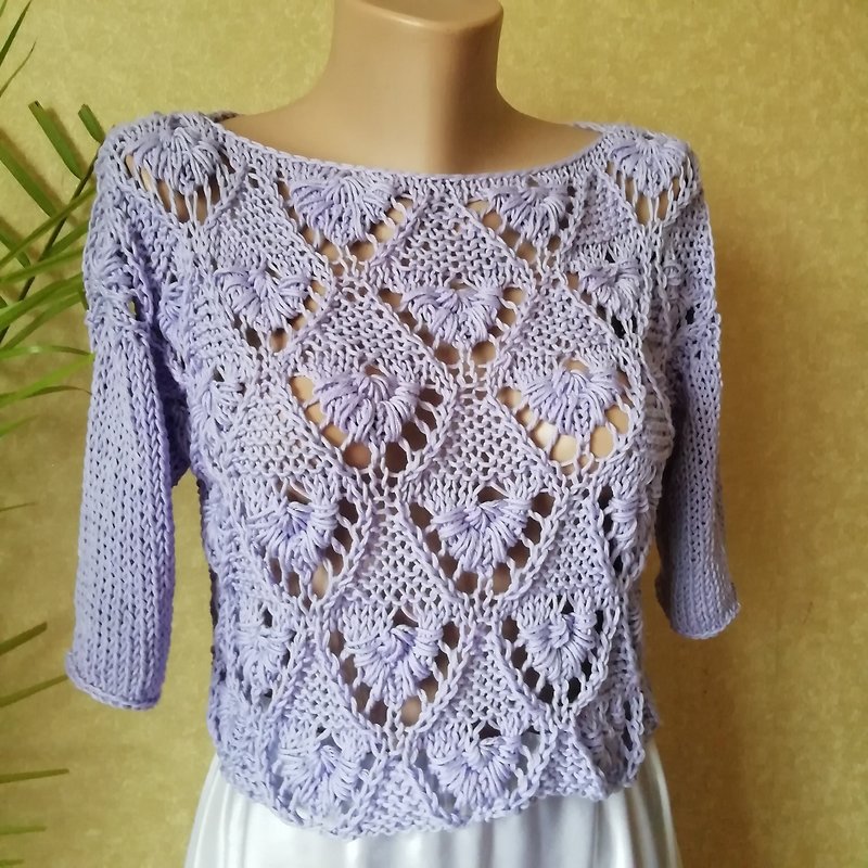 Lilac Cotton Women Lace Crop Sweater Knitted Blouse T-Shirt Hole Sexy Top Girls - 女装上衣 - 棉．麻 紫色
