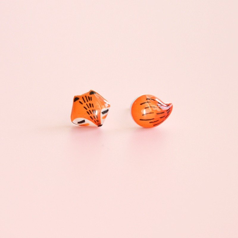 小狐狸 手绘耳钉 个性不对称耳夹 礼物 - 耳环/耳夹 - 塑料 橘色