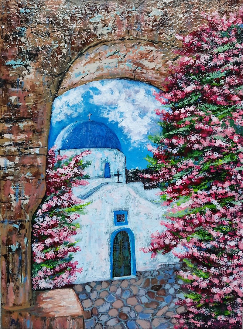 希腊原创油画、地中海风景墙艺术、花卉艺术品 - 墙贴/壁贴 - 环保材料 粉红色
