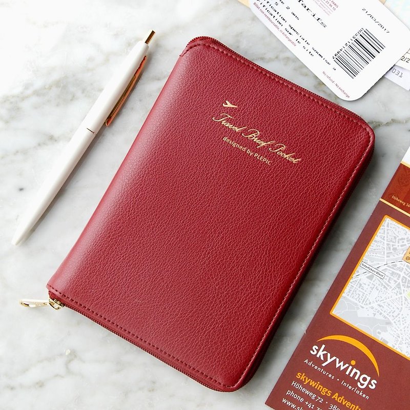 PLEPIC 时尚轻旅拉链护照包-勃根地红,PPC93730 - 护照夹/护照套 - 人造皮革 红色