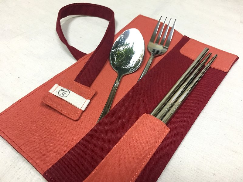 环保餐具组 - 含餐具 - 蕃茄红 - 餐具袋 餐具包 餐具套 收纳袋 - 餐刀/叉/匙组合 - 棉．麻 红色