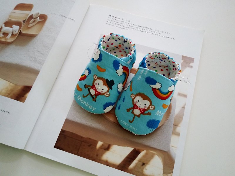 猴子先生弥月礼物 婴儿鞋 学步鞋 11/12 - 满月礼盒 - 棉．麻 蓝色