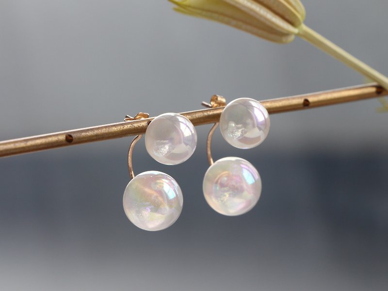 14kgf-Aurora bubbles twin back pierced earrings/can change to clip-on - 耳环/耳夹 - 其他金属 白色