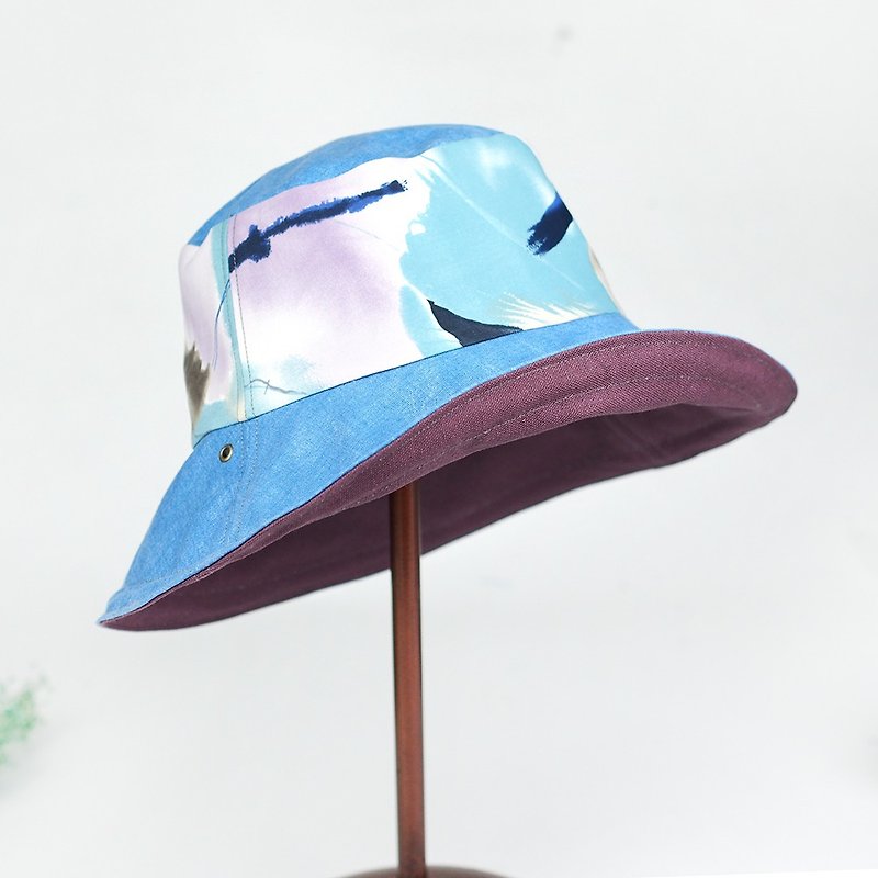 小牛村 手工双面帽 渔夫帽 水墨【清澈紫蓝系列】BF-42 - 帽子 - 棉．麻 蓝色