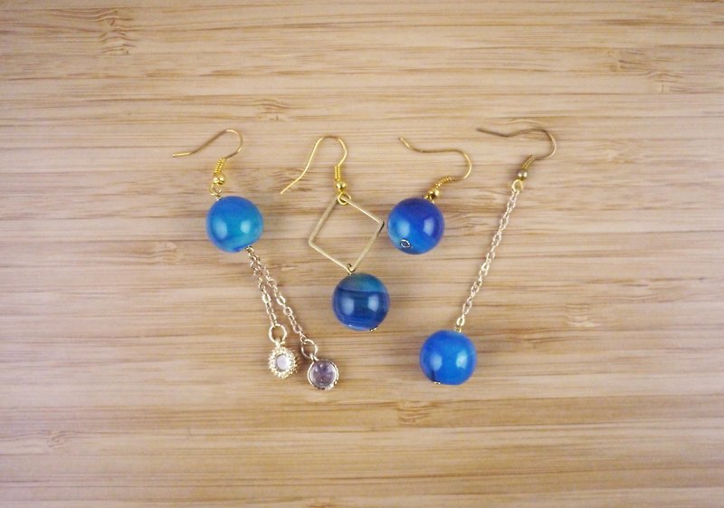 【蓝纹】气质玉珠 混搭 手工耳环 - 耳环/耳夹 - 水晶 蓝色