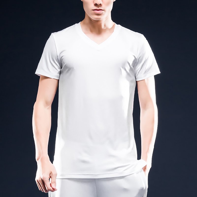 AquaTouch InstaDRY 男款1/4袖低领修身机能V领T恤 - 白 - 男装运动衣 - 聚酯纤维 