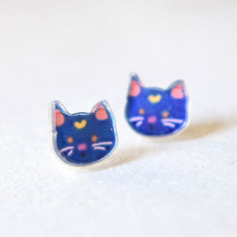 动物系列－蓝猫 耳夹/耳针 小耳环 - 耳环/耳夹 - 压克力 多色
