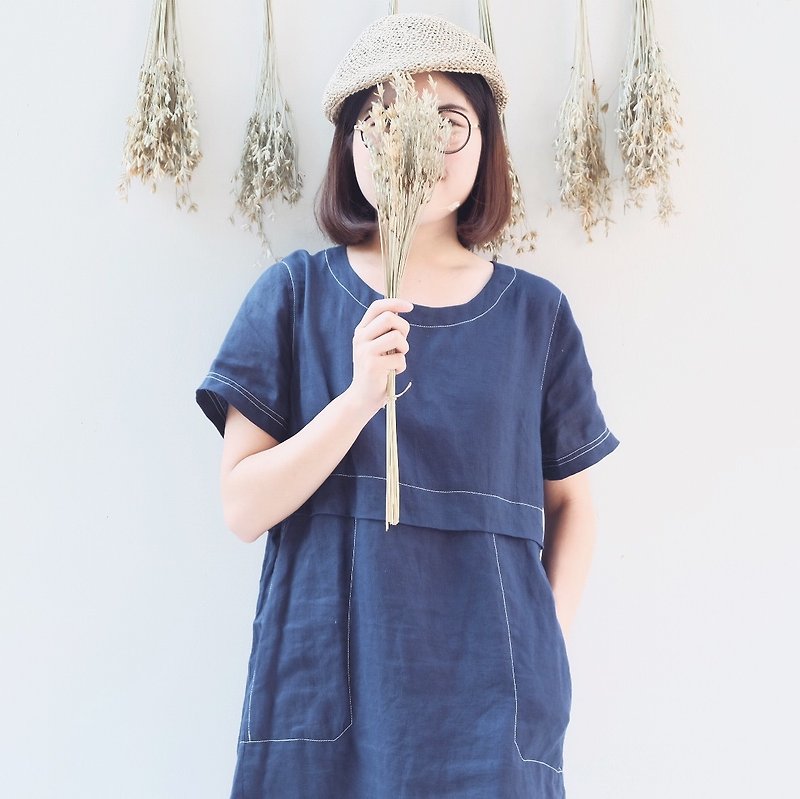 LiLin Dress : Linen Navy - 洋装/连衣裙 - 棉．麻 蓝色