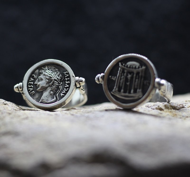 凯撒奥古斯都与战神神殿 古董钱币戒指 任何尺寸 - 戒指 - 纯银 银色