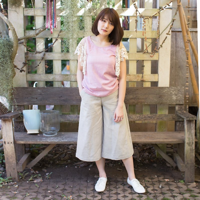 Cropped Linen Culottes Natural Color - 女装长裤 - 棉．麻 灰色