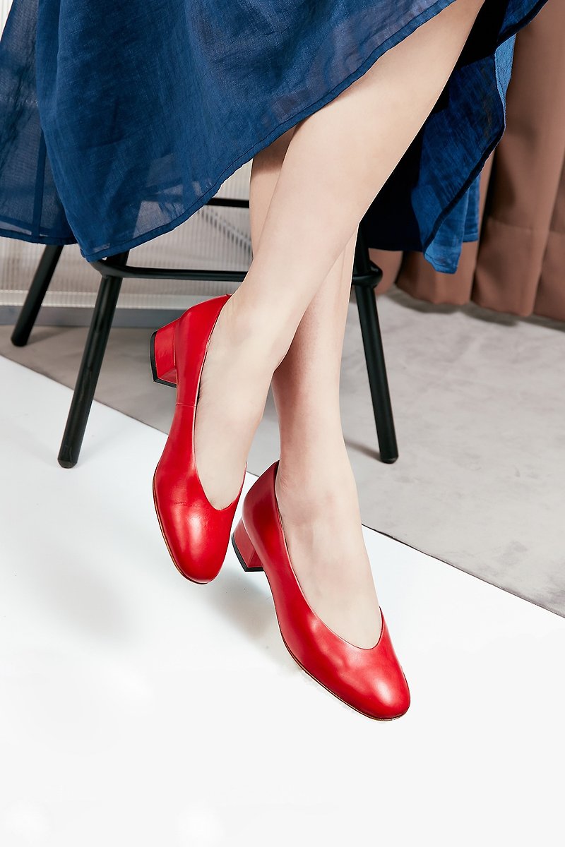HTHREE 3.4圆头跟鞋 / 胭脂红 /  Round Toe Heels - 女款皮鞋 - 真皮 红色