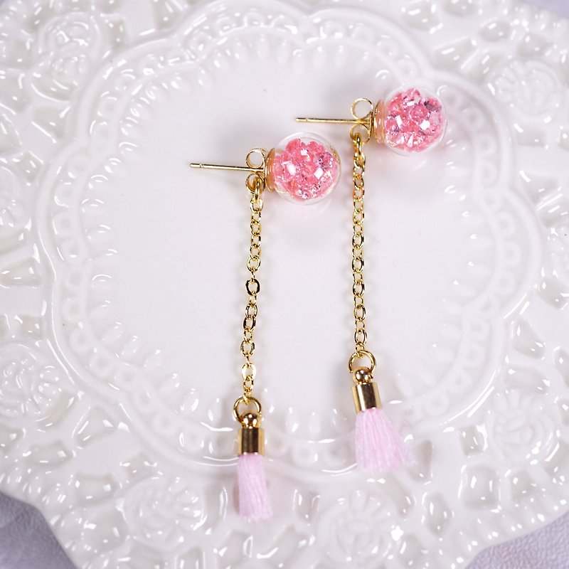 A Handmade 粉红水晶玻璃球配流苏耳环 - 耳环/耳夹 - 玻璃 粉红色