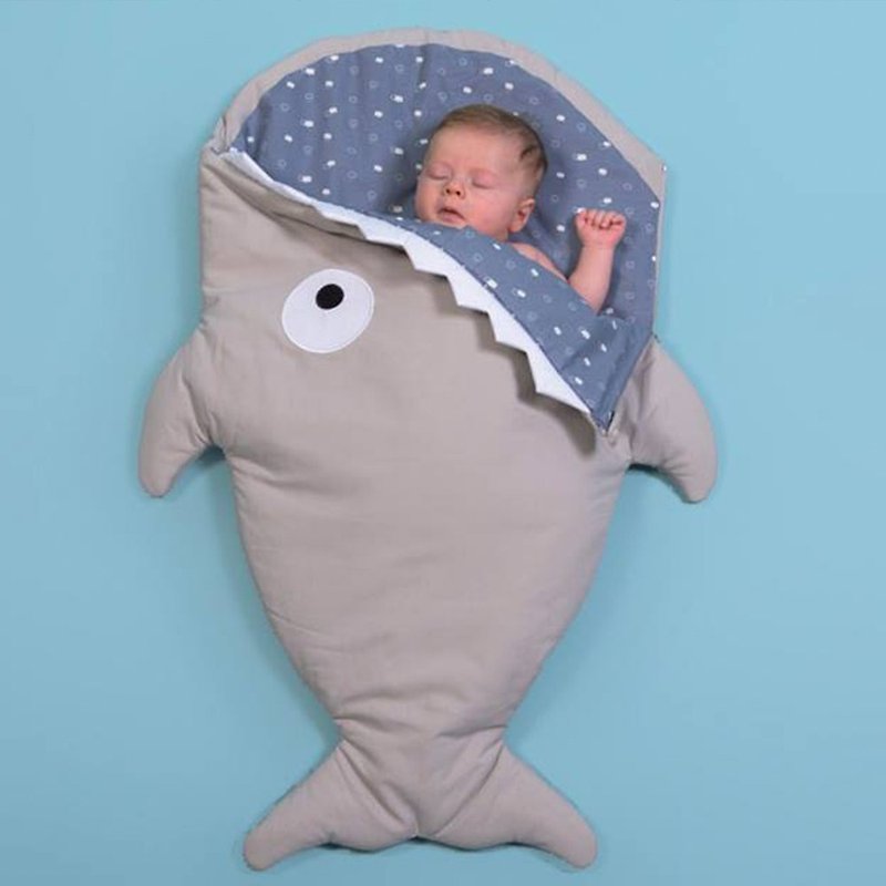 BabyBites鲨鱼咬一口纯棉婴幼儿多功能睡袋-卡其灰蓝 - 满月礼盒 - 棉．麻 灰色