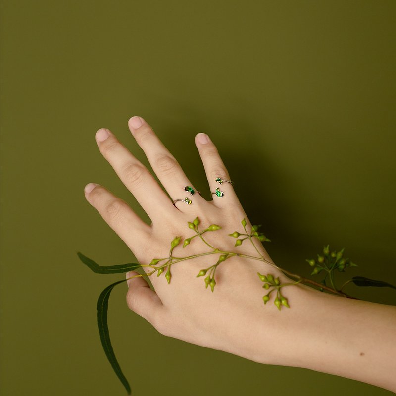 弥谙【原创设计】绿芽系列戒指珐琅925银镀白金开口戒显白森系女 - 戒指 - 珐琅 