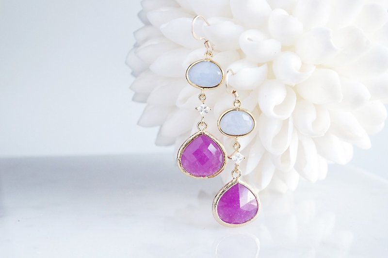 【Procida】14KGF Earrings(Purple x Powder Blue) - 耳环/耳夹 - 玻璃 紫色