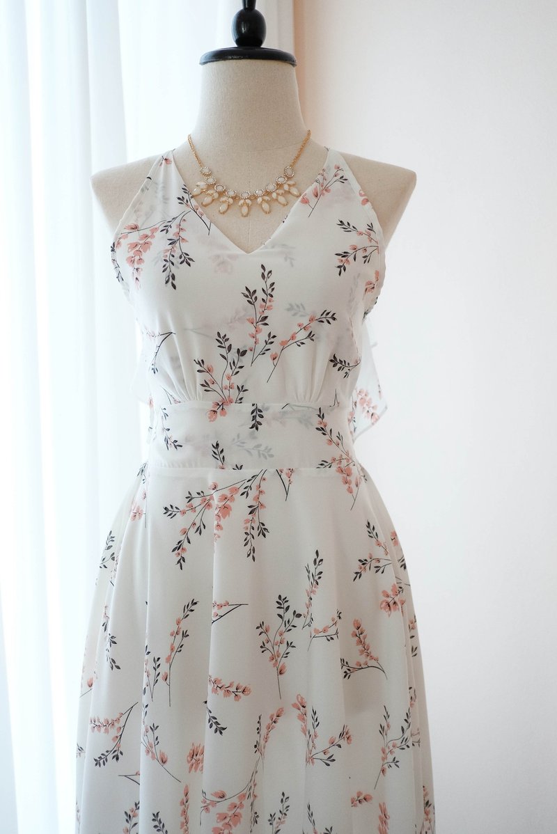 White Sakura floral Dress Women Bridesmaid Backless Cocktail Party Dress - 晚装/礼服 - 聚酯纤维 白色