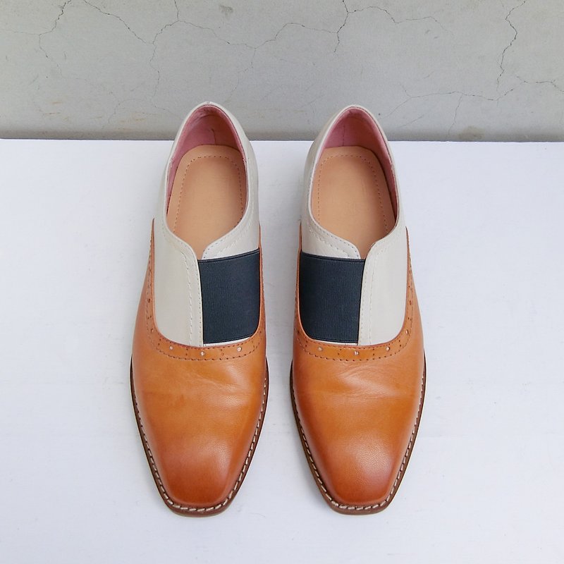 小方头双色真皮绅士鞋 ||金斯曼的梦想  焦糖棕|| 8244 - 女款牛津鞋/乐福鞋 - 真皮 咖啡色