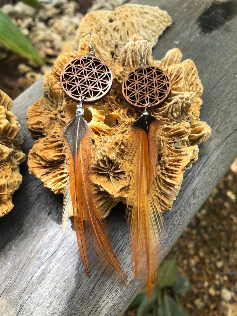 Wooden Earrings Flower of Life 7-circle - 耳环/耳夹 - 木头 咖啡色