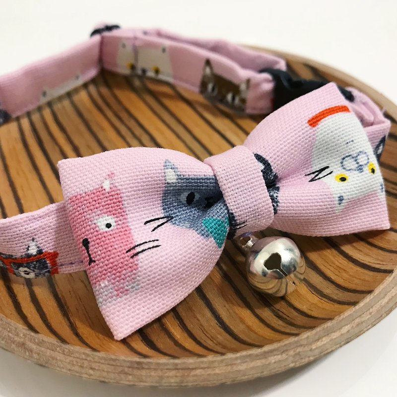 猫咪图案蝴蝶结项圈 - 项圈/牵绳 - 棉．麻 粉红色