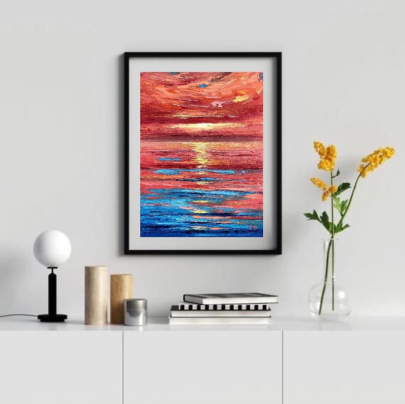 Original Red Seascape Sky Ocean Landscape Sunset Sunrise Oil Painting On Canvas - 墙贴/壁贴 - 棉．麻 多色
