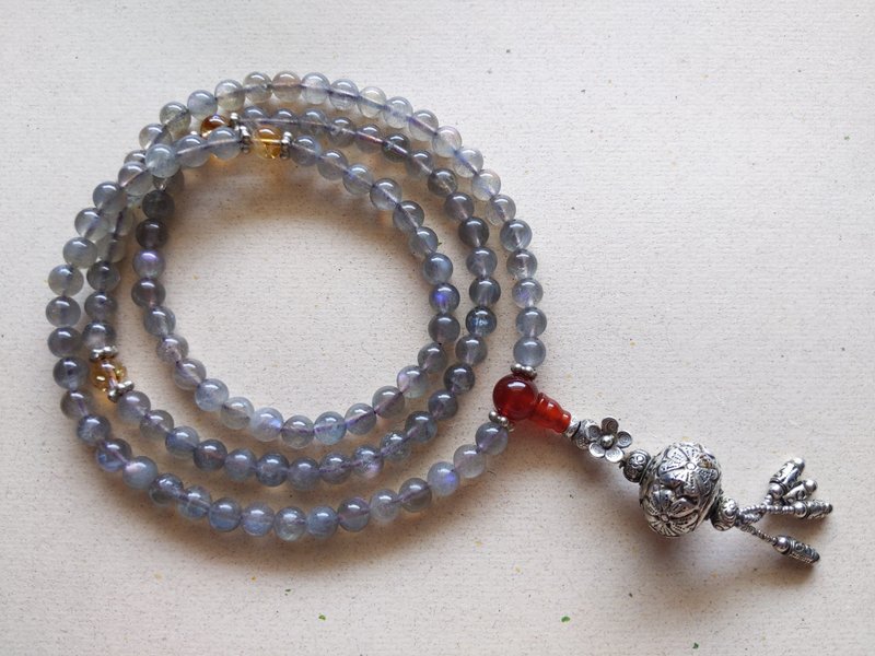 ORLI Jewelry 天然拉长石108颗念珠 紫晕拉长石108颗佛珠 老银 - 项链 - 水晶 灰色