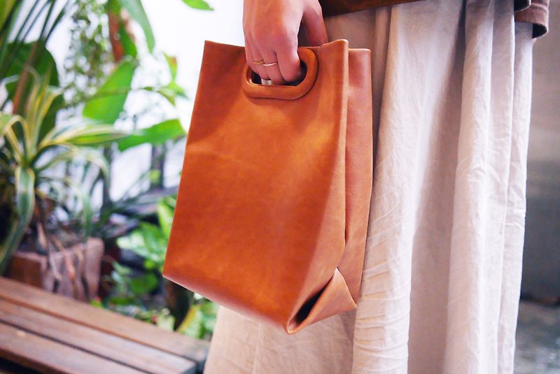 手提皮革购物袋 - 手提包/手提袋 - 真皮 橘色