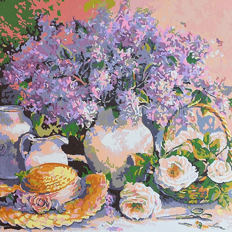 Lilac Painting Bouquet Flowers Original Art Straw Hat Wall Art Floral Still Life - 海报/装饰画/版画 - 其他材质 紫色