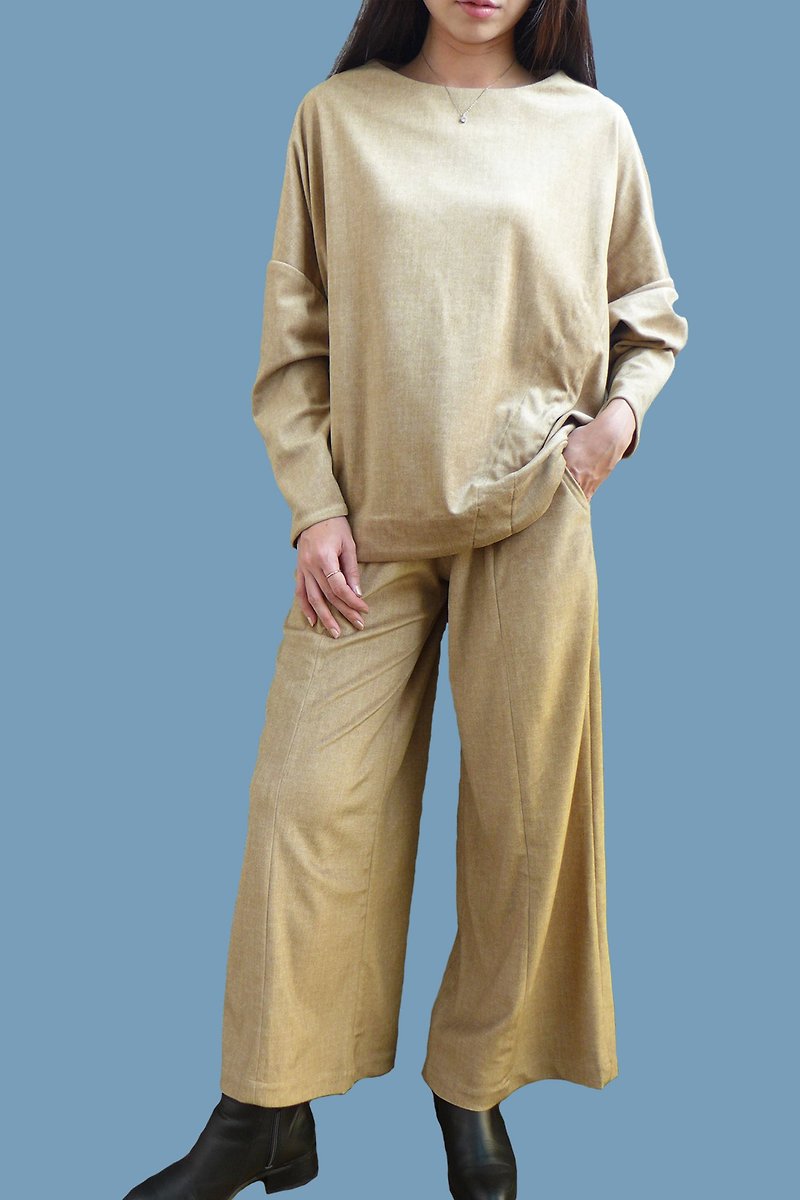 A line微刷绒宽裤－驼色 - 女装长裤 - 聚酯纤维 卡其色