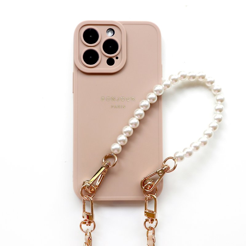 iPhone15/14/13/12 巴黎粉肤珍珠小香金链手机壳 - 手机壳/手机套 - 塑料 粉红色