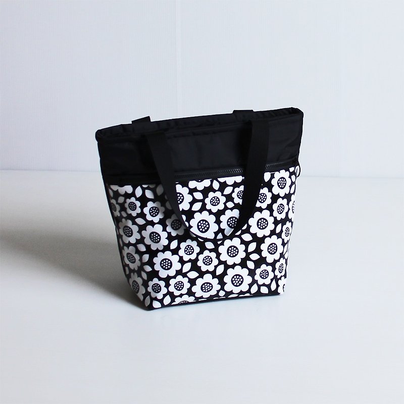 黑白小花便当袋餐袋手提袋 - 手提包/手提袋 - 防水材质 黑色