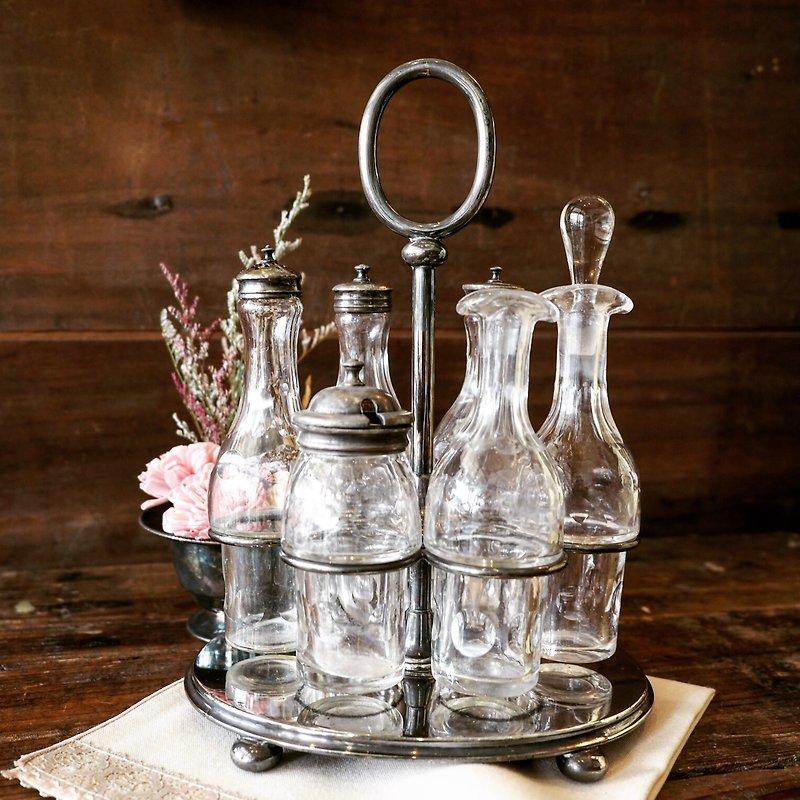 美国早期厚实玻璃调味罐六件组含镀银制提架（JS） - 调味罐/酱料瓶 - 玻璃 透明