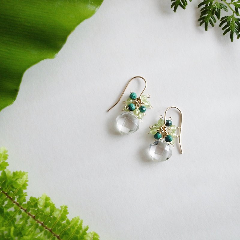 14KGF 孔雀石×橄榄石×白水晶 天然石耳环 可改耳夹 - 耳环/耳夹 - 宝石 绿色
