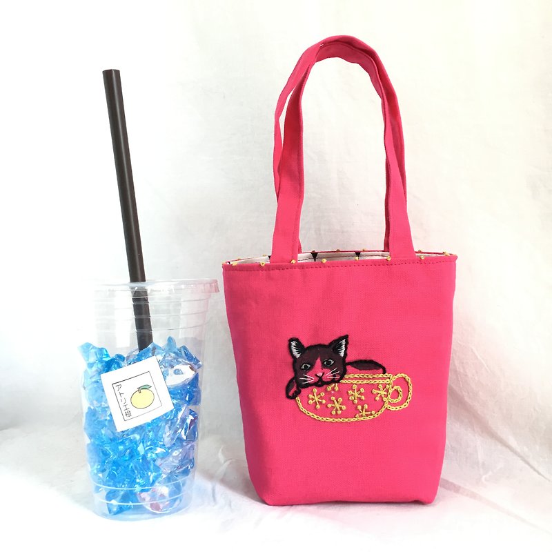 カフェバッグ　カップ猫 - 手提包/手提袋 - 棉．麻 粉红色