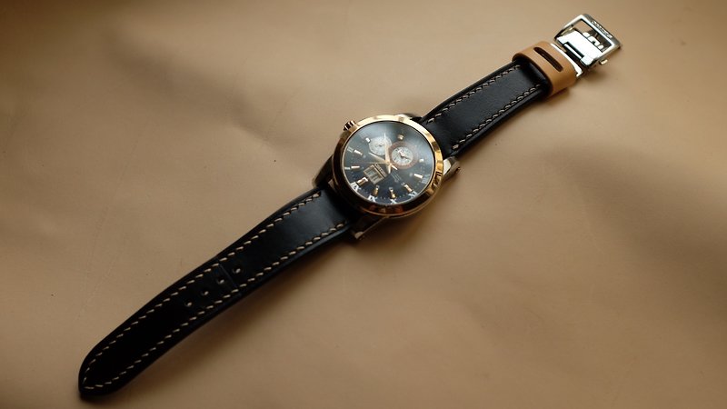 篓空皮革表带 手工表带 / leather watch band, watch strap 撞色 - 表带 - 真皮 金色