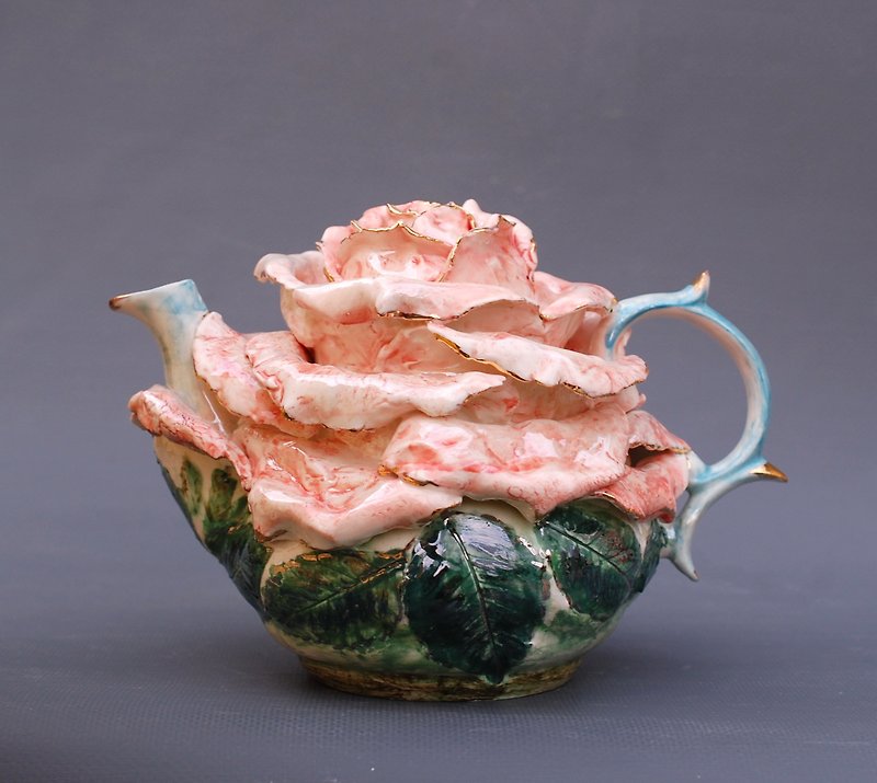 Rose Art teapot Flower shaped teapot figurine Light pink Porcelain rose Flower - 茶具/茶杯 - 瓷 多色