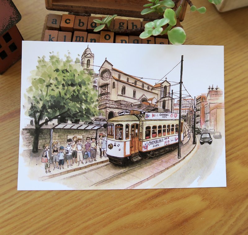 世界风情画-葡萄牙街上的复古电车 明信片 - 卡片/明信片 - 纸 卡其色