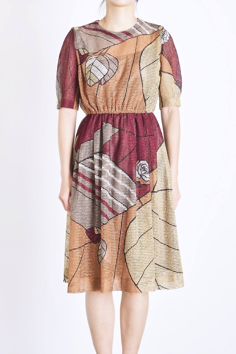 Vintage dress 大地配色叶子 日本古着洋装 - 洋装/连衣裙 - 聚酯纤维 咖啡色