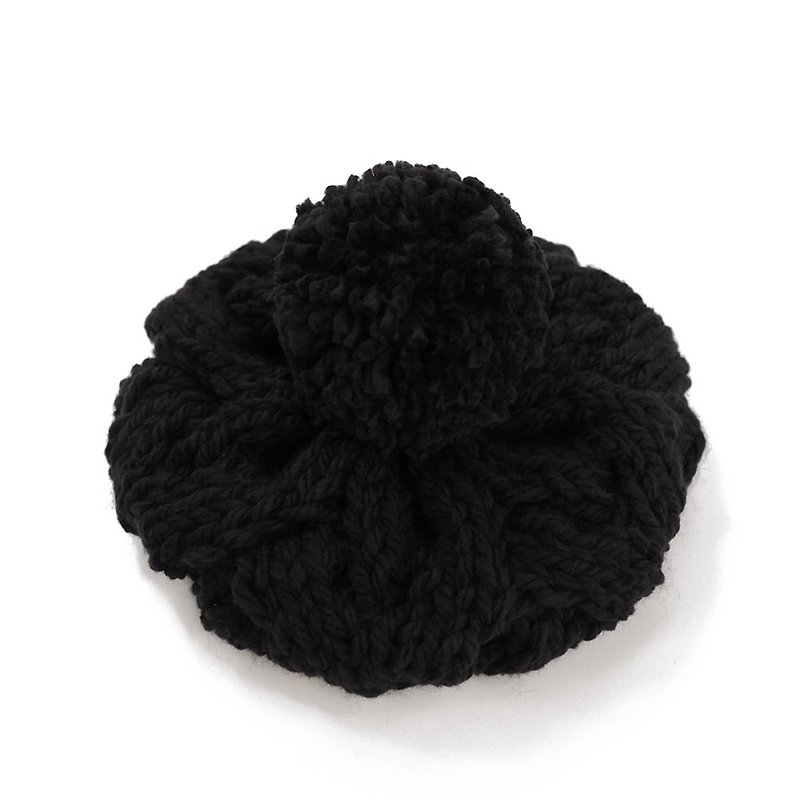 粗针麻花可拆毛球针织毛线贝蕾帽-黑 - 帽子 - 羊毛 黑色